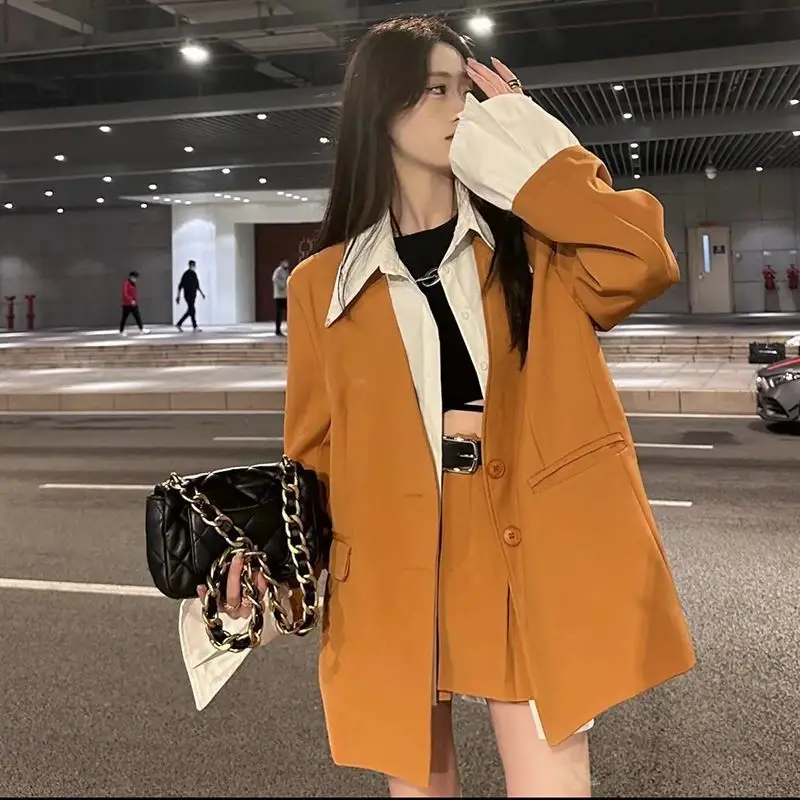 Korean Style Lapel Patchwork Long Sleeved Shirt Blazer Casual Shorts Two-piece Set Fashionable Women\'s Shorts Set
