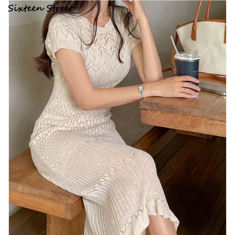 Khaki Chic Knitted Dress for Women Spring High Waisted Bodycon Dress Woman Korean Elegant Business Long Dresses Female