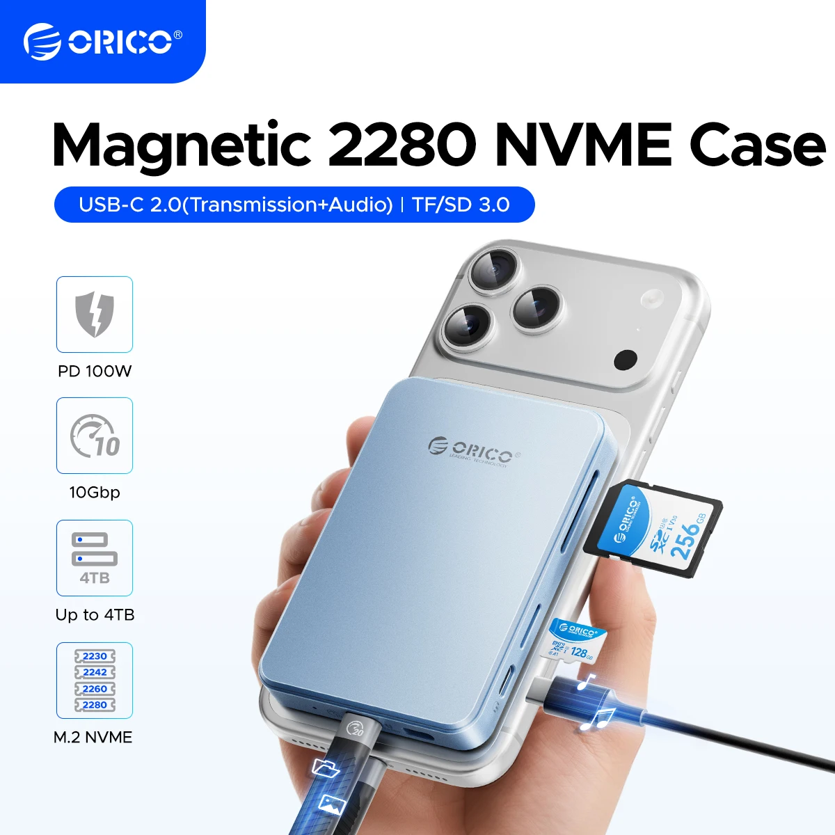ORICO 10Gbps Magnetic M.2 NVMe SSD Enclosure with SD TF 3.0 Card Reader Audio USB C Ports PD100W for iPhone 17/16/15 Pro/ProMax