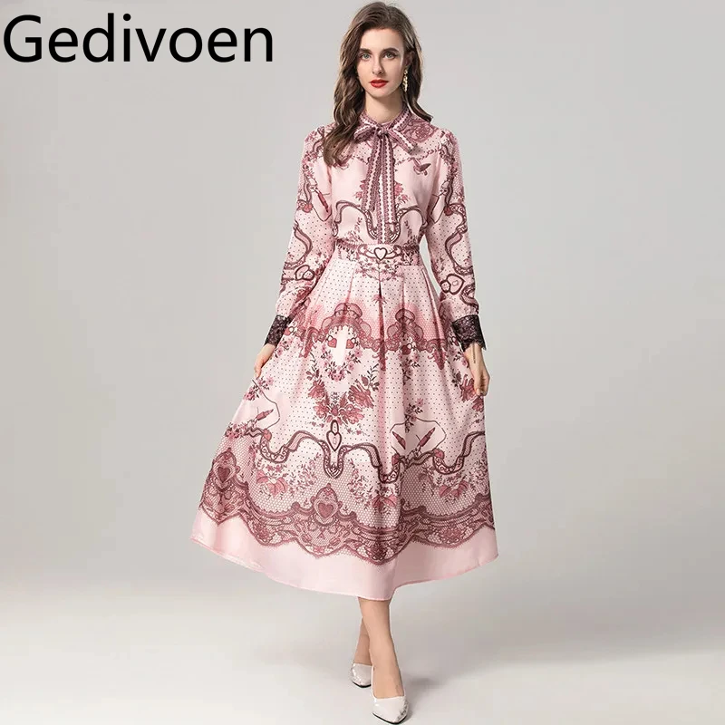 Gedivoen Autumn and Winter Women's Suit Scarf Collar Long-Sleeved Single-Breasted Tops+Casual Skirt Vintage Print 2 piece set