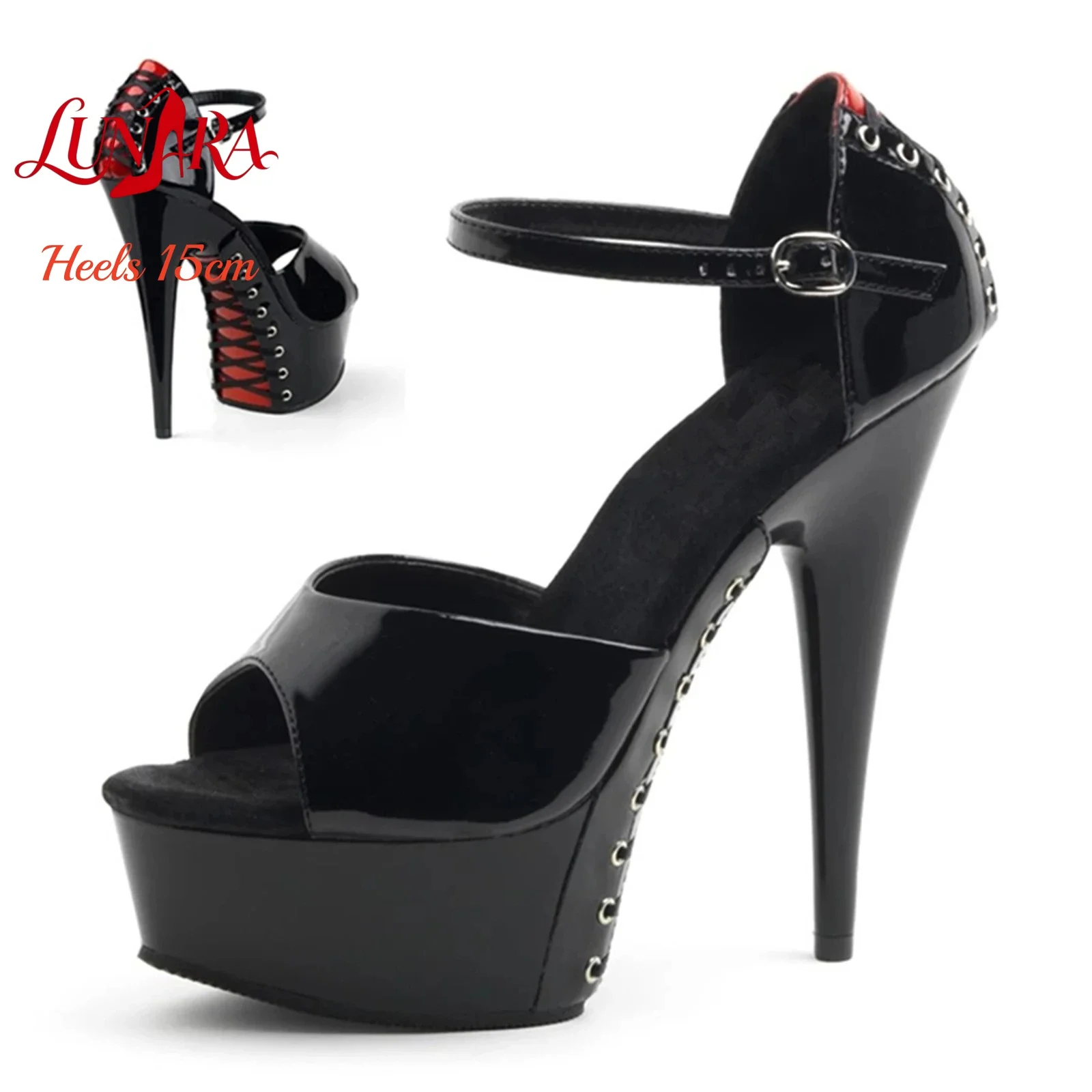 

15cm/6in Black Patent PU High Heel Sandals Red Lacing Open Toe Ankle Buckle Non-slip Sexy Stage Performance Nightclub Party