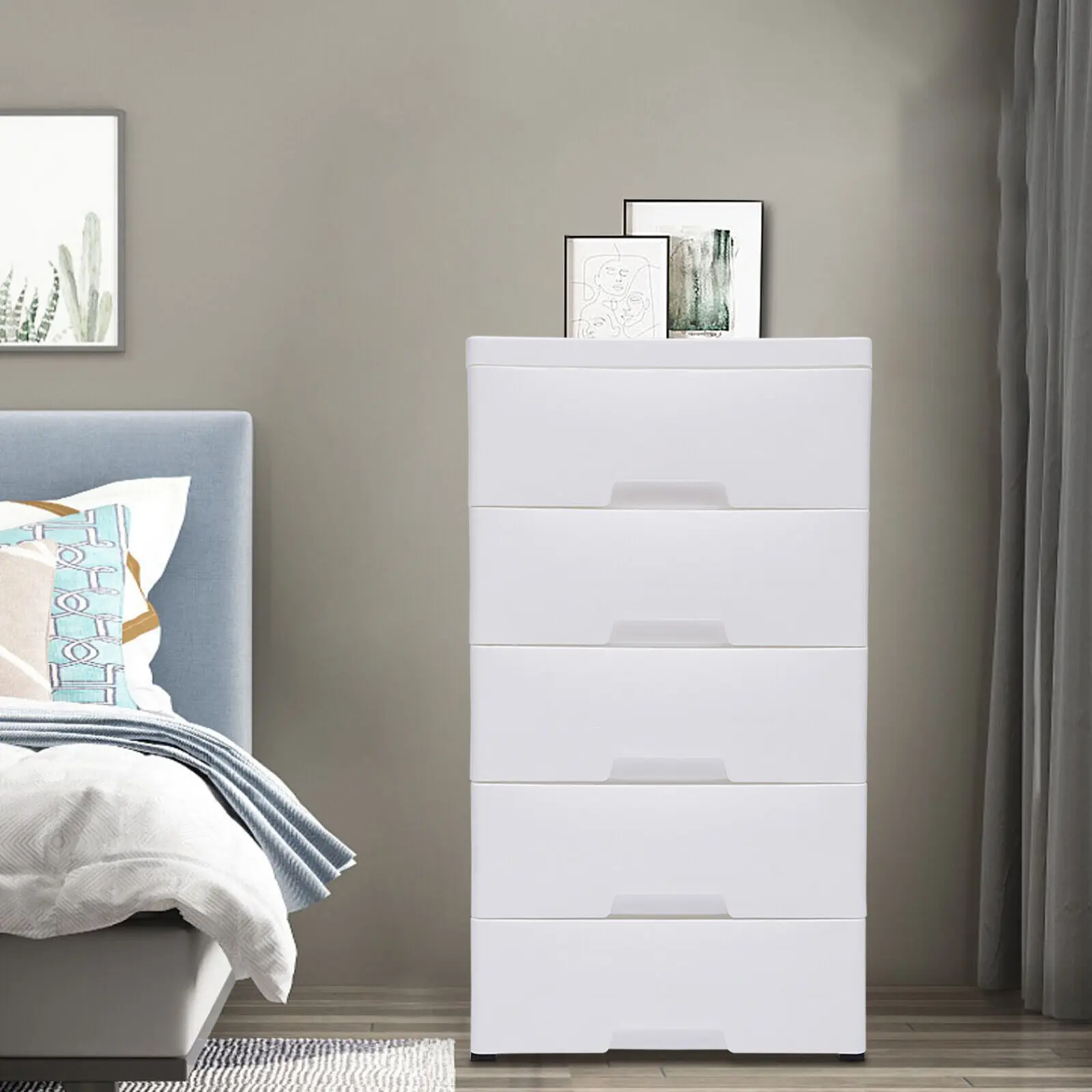 Modern Bedroom Storage Cabinet with 5 Drawers Plastic Stackable Tower White Vertical Dresser for Clothes Wardrobe Closet