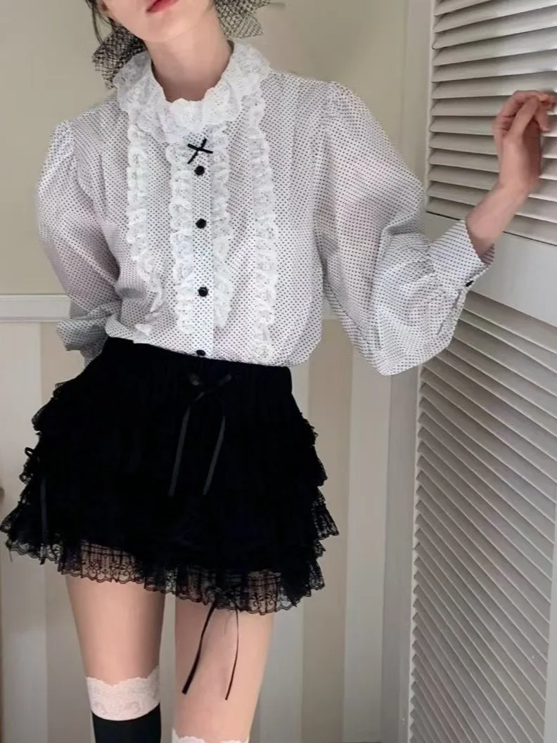 

Корейский модный комплект: женская рубашка в горошек и черное облегающее платье с завышенной талией, шикарный винтажный костюм-двойка