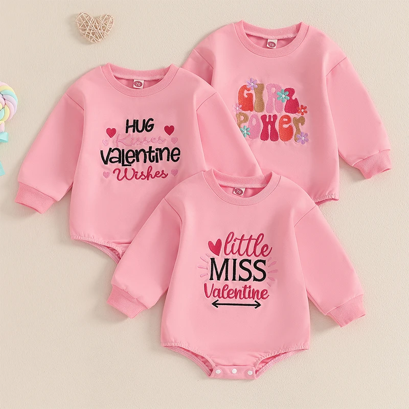 SUNSIOM 0-18 Months Baby Girl Valentine's Day Romper Letter Heart Embroidery Long Sleeve Round Neck Bubble Bodysuits