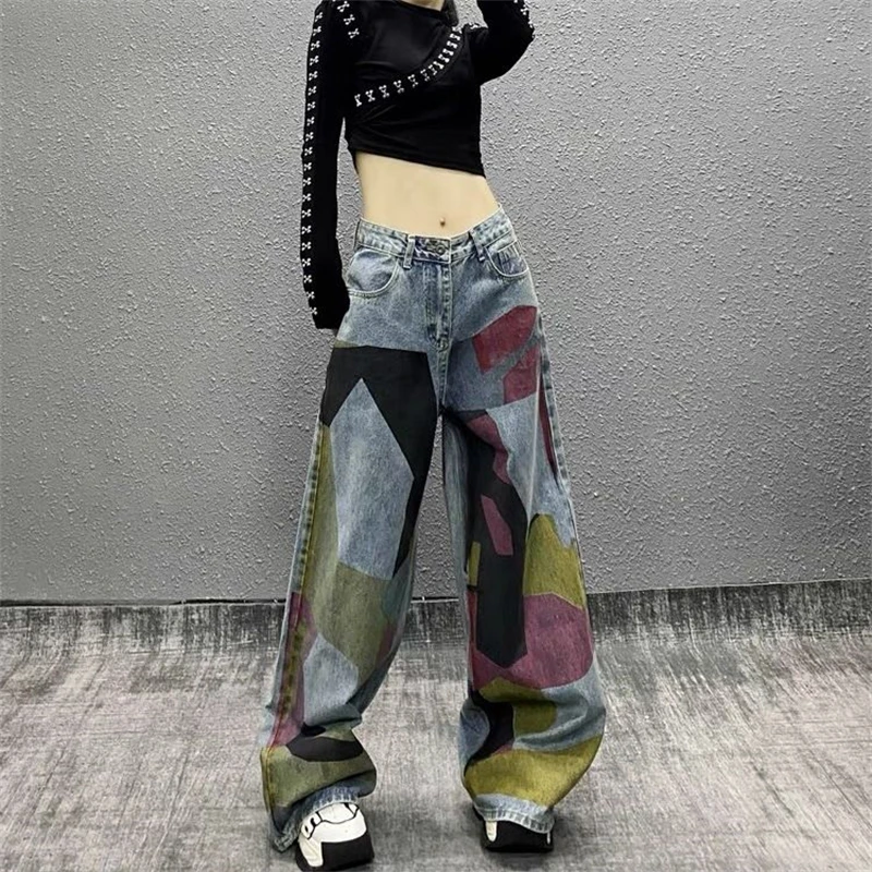 

Women Vintage Printed Streetwear Y2K Oversized Harajuku Denim Pants Female Casual Loose Hip Hop Grunge Wide Leg Jeans Pantalones