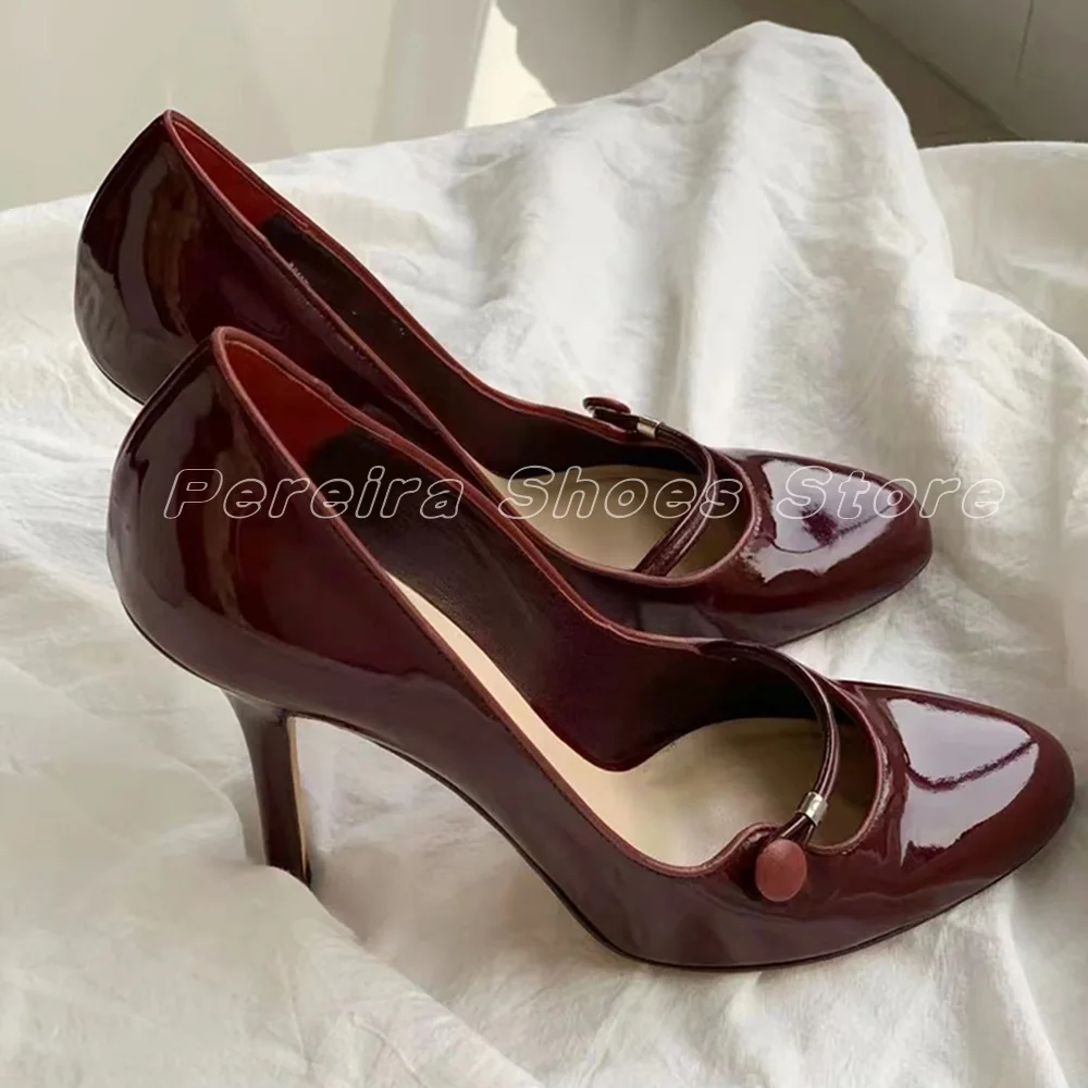 

Chunky Red Patent Leather Stiletto Pointed Toe British Style Sexy Slip On Vintage Mary Versatile Shoes High Heels