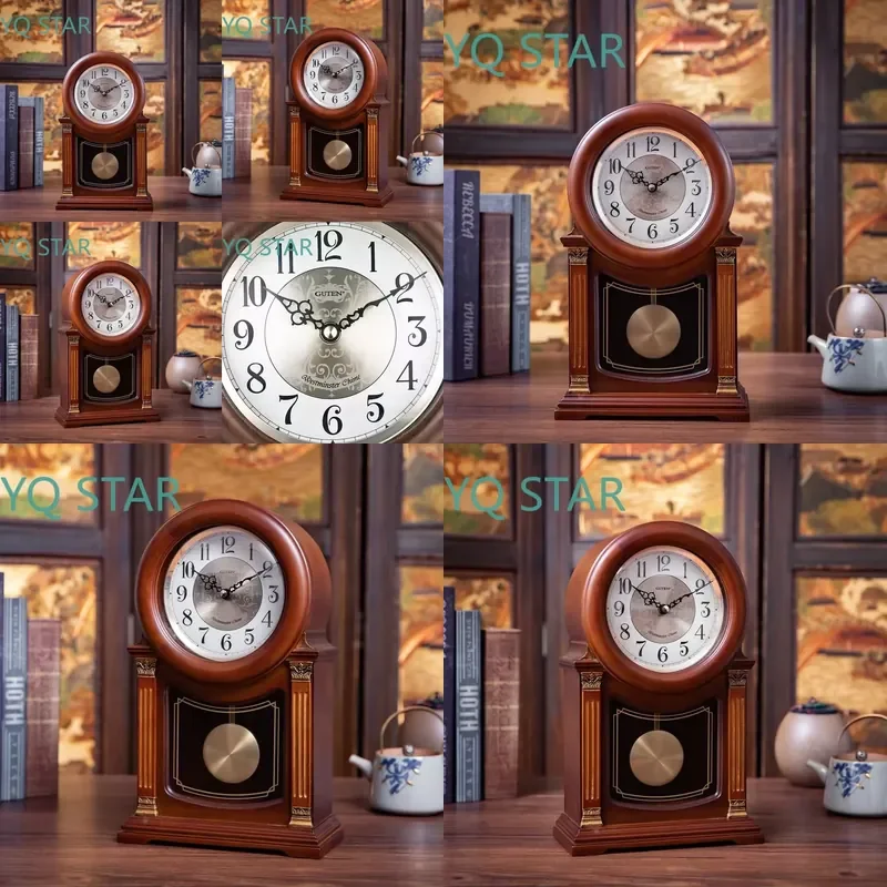 Wooden Pendulum Table Clock for Retro Decor Silent Hourly Chime Desk Clock for Home Living Room Desktop Decoration Elegant