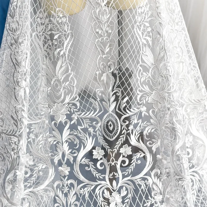 Palace Style Grid Embroidery Mesh Lace Fabric for DIY Sewing White Curtain Evening Wedding Dress Veil 130CM Wide 1Yard Long L144