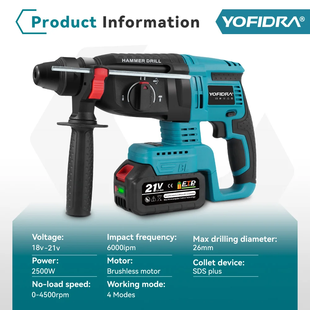 YOFIDRA 26MM Brushless Electric Hammer Drill Multifunctional Rotary Cordless Rechargeable Power Tools For Makita 21V Battery Pin