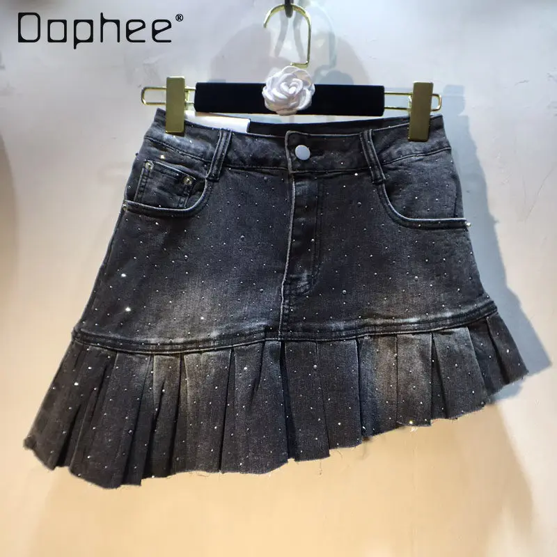 Y2K Asymmetrical Denim Skirt 2026 Spring New Hot Diamond High Waist Skinny Bevel Skirt Elastic Denim Skirt Short Skirts