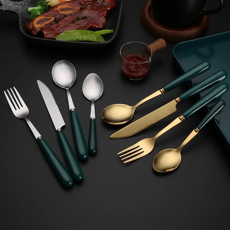 Ceramic Handle Stainless Steel Spoon Fork Steak Knife Tableware Green Golden Teaspoons Home Cutlery Set New Kitchen Utensils
