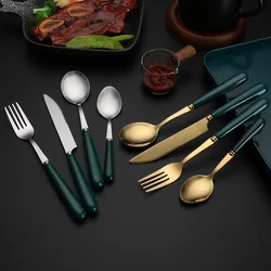 Ceramic Handle Spoon Fork Steak Knife Stainless Steel Tableware Green Golden Teaspoons Home Cutlery Set New Kitchen Utensils