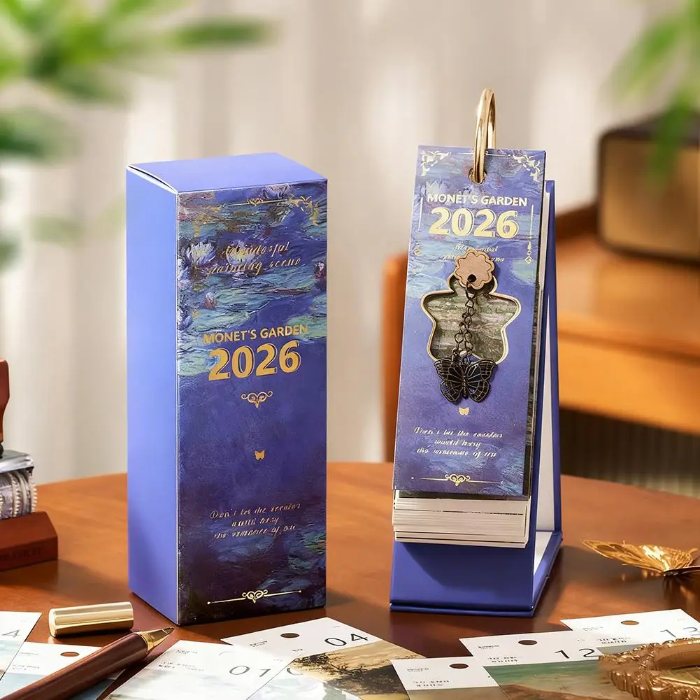 

Vintage Oil Painting Desk Calendar With Gold Binding Turn 365 One-Way Planner Page Daily Days Inspirational Quotes J8G4