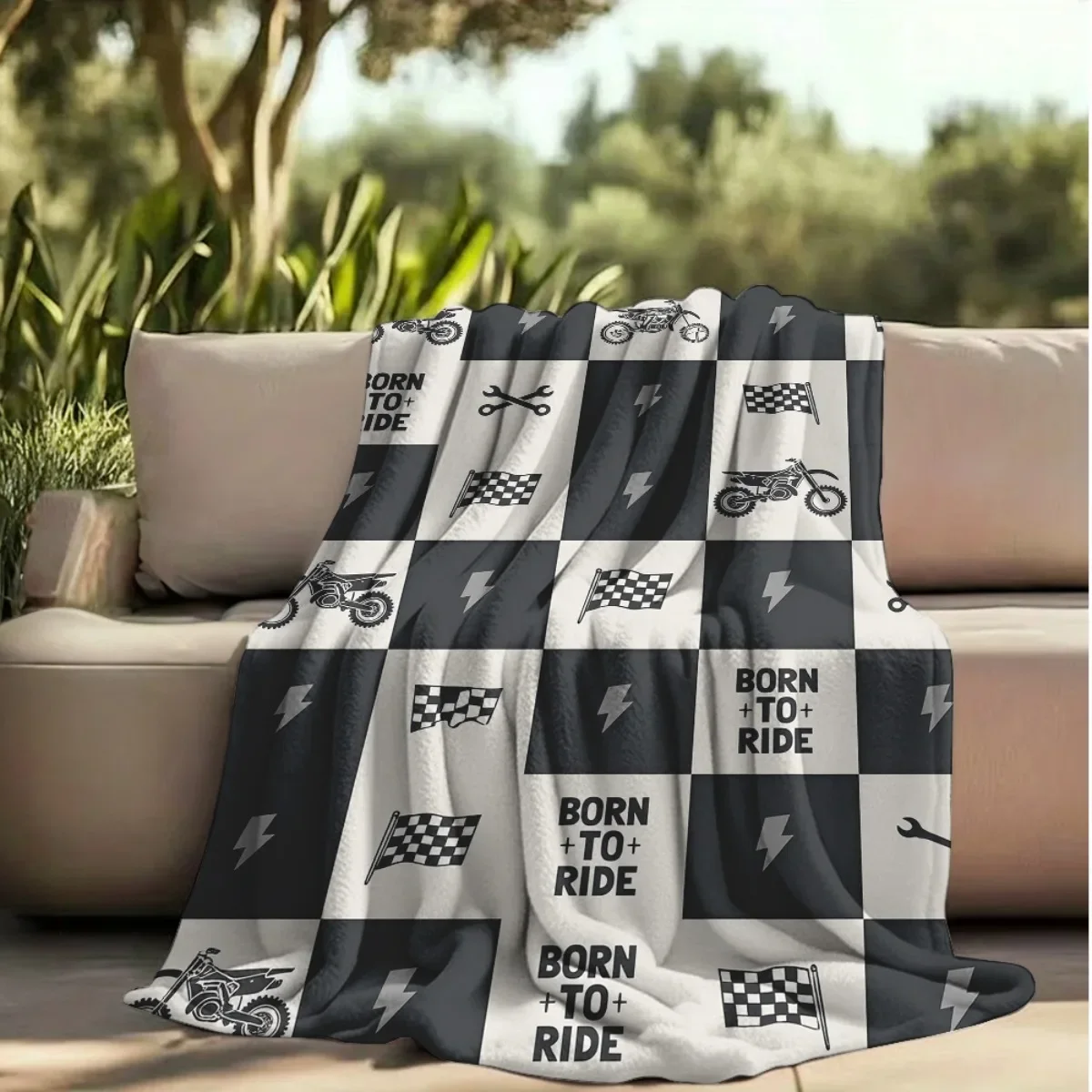 1pc Vibrant Motocross Print Flannel Blanket Soft & Cozy Checkered Design with BORN to RIDE Text, Motorcycle & Flag Patterns Perfect for Travel, Sofa,, Office Ideal Gift for Boys, Girl