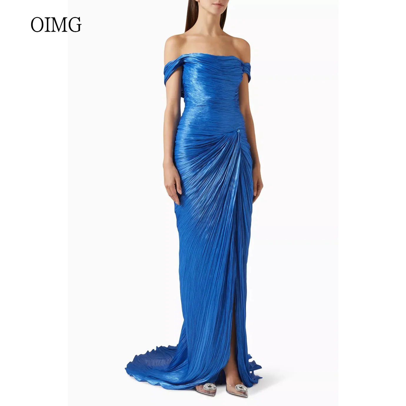 

OIMG Vivaldi Royal Blue Mermaid Prom Gowns Silk Off The Shoulder Pleated Formal Party Gown Slit Long Evening Dress Customized