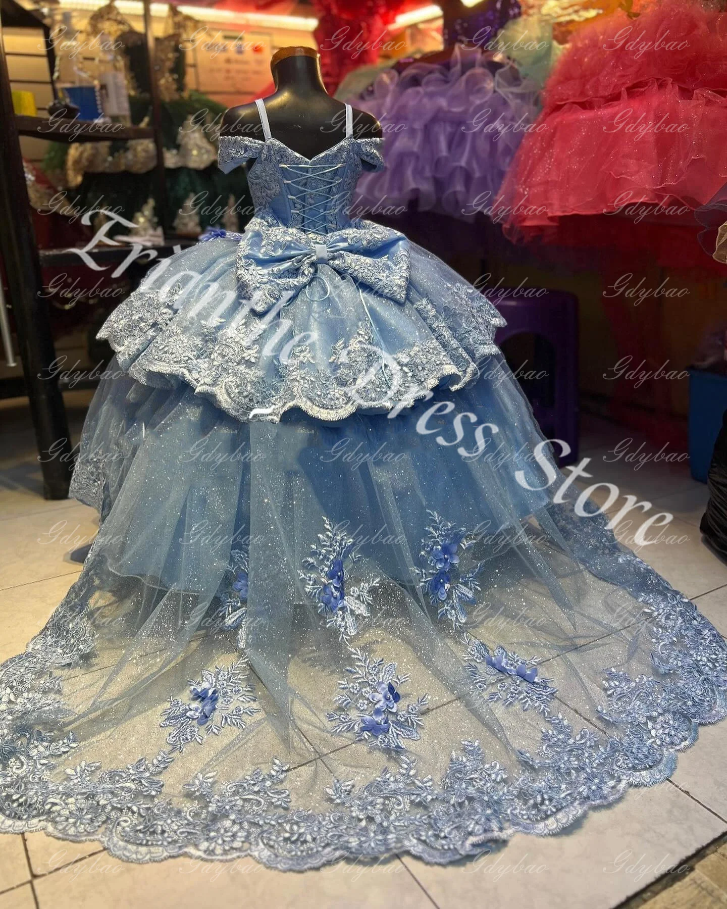 Customized Flower Gir Dress For Wedding Tulle Puffy Applique Lace With Bow Sky Blue Child First Eucharistic Birthday Party Dress