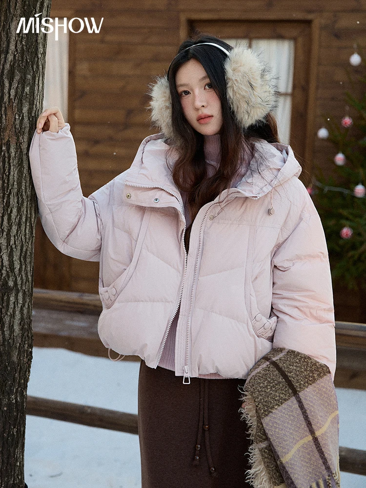 MISHOW Women's Short Coat with 90% White Duck Down Filling Windproof Down-proof Hooded Jacket Lightweight Warm Coat MXE51Y0080