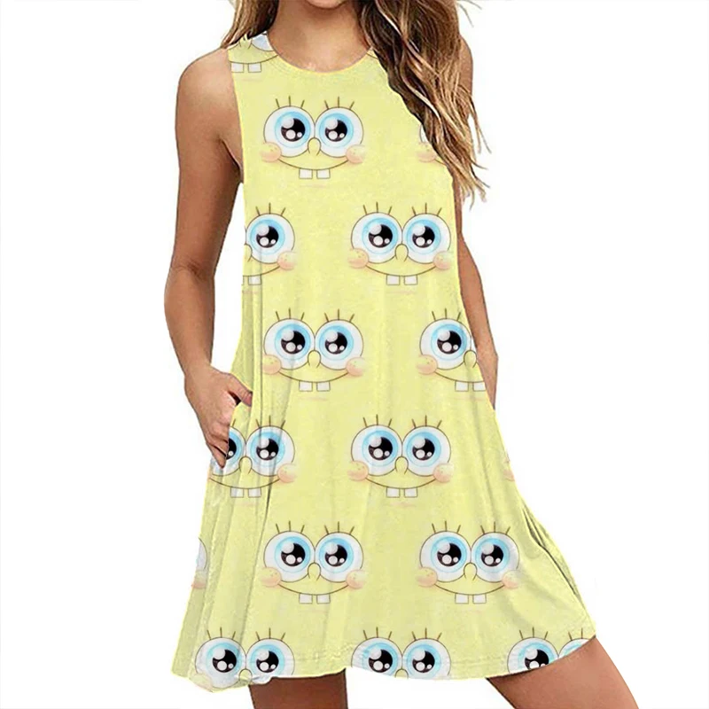 Abito casual allentato e confortevole 2024 estate nuovo stile abito da donna alla moda senza maniche SpongeBob 3D cartoon print dress