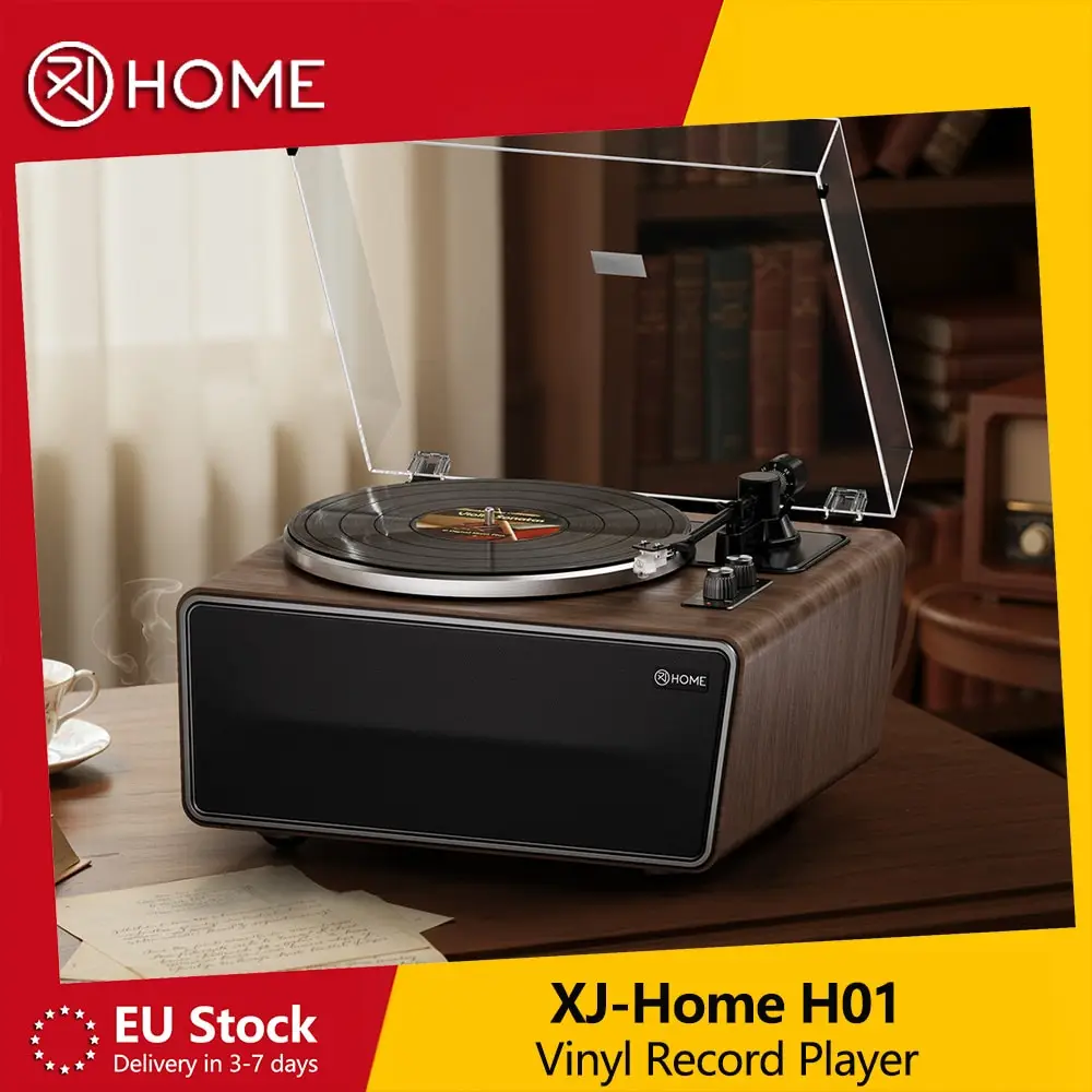 XJ-HOME H01 Vinyl-Plattenspieler mit Bluetooth All-in-One Vintage-Plattenspieler mit eingebauten Lautsprechern, Phono-Vorverstärker, AT-3600L Tonabnehmer, 33/45 U/min