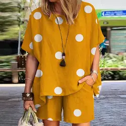 2Pcs Tops Short Set Round Neck Chic Short-sleeved Polka Dot Print Leisure Women Outfits Female Accessory