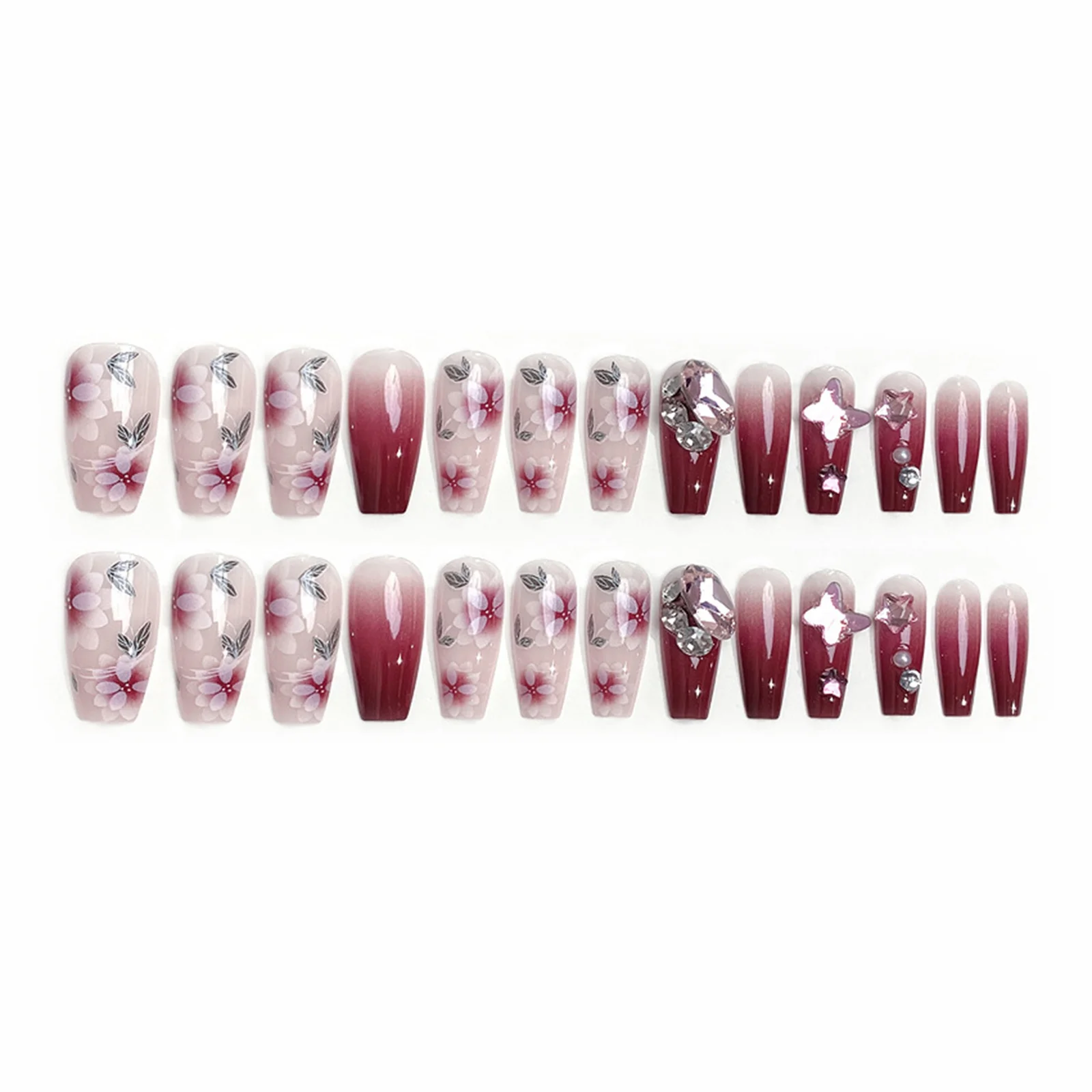 Resin Press On Nails for Wedding Parties Women's Red Retro Flower Glitter Long Fake Nail Tips Manicure Set Durable Chic