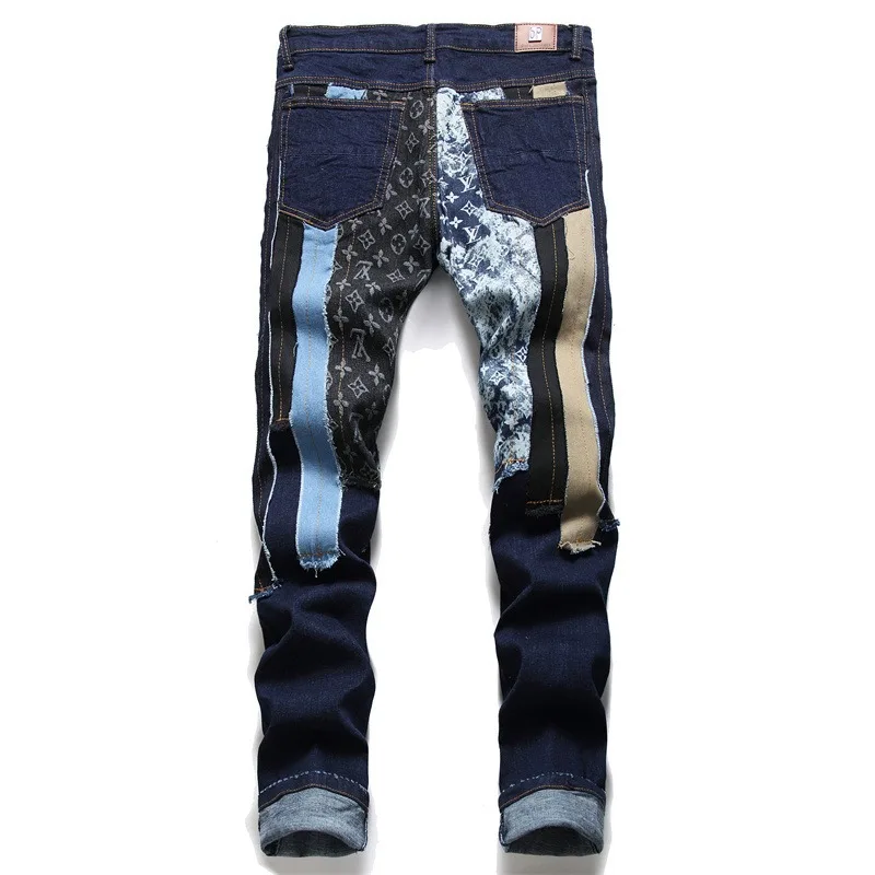 Light Luxury Men’s Street Fashion Dark Blue Jeans,Colorful Fabric Patches Punk Style Denim Pants,Trendy Stretch Casual Jeans;