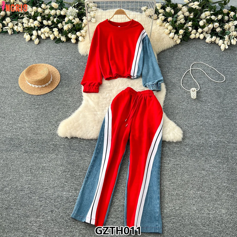 

Vintage 2 Piece Set for Women Top and High Waist Patchwork Denim Shorts Set Jogging Suits Wholesale-GZTH011