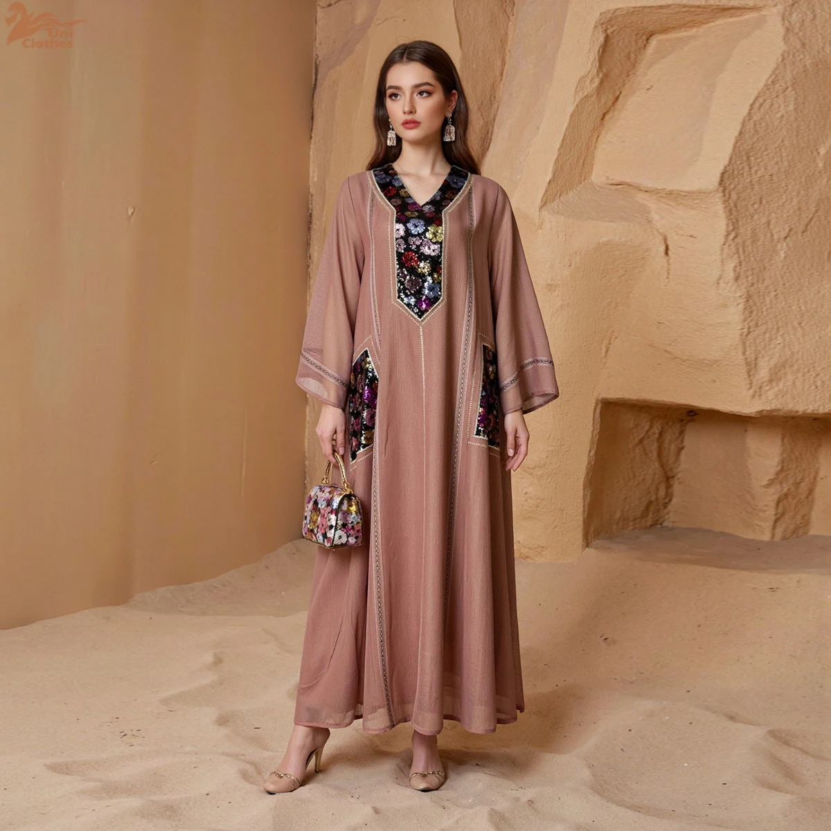 

Униформа с блестками в стиле пэчворк, абайи для женщин, Дубай, роскошное марокканское платье-кафтан с v-образным вырезом 2025