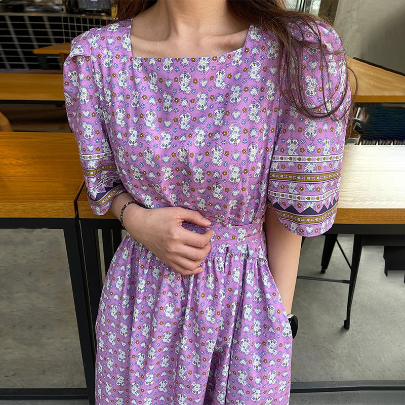 Retro ort Sve Floral Patchwork Color Blo Striped Waist Cinched Fi Tail Dr Women's Summer Ethnic Sle Dr