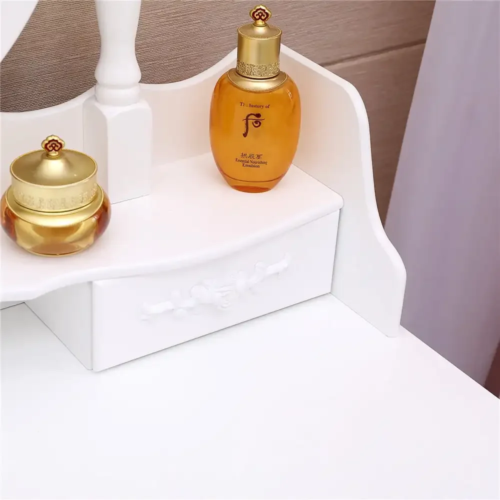 Meja Rias Putih Elegan Meja Rias dan Bangku Set Meja Rias Kayu dengan 4 Laci & Cermin Layar Sentuh LED Menyala