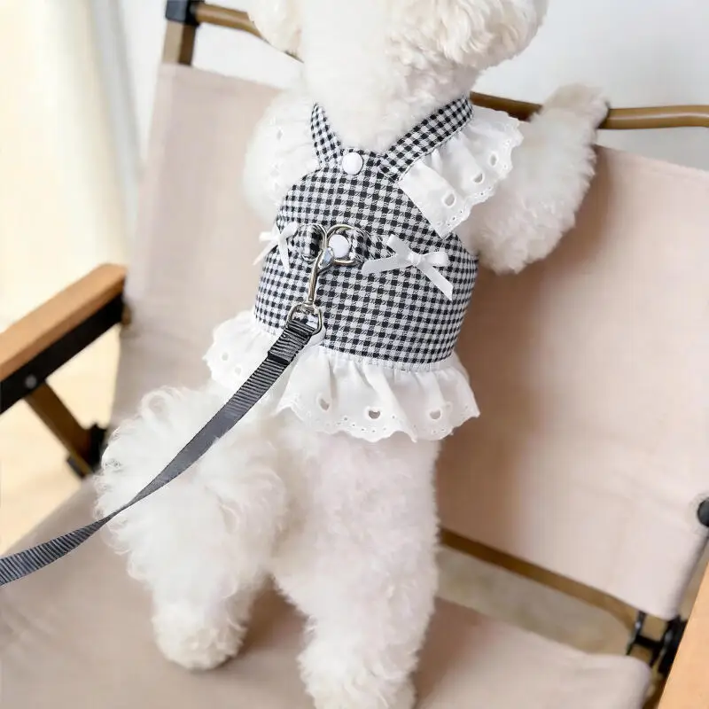 Dog Harness Dress for Small Dogs Lace Plaid Puppy Harness Vest Adjustable Walking Outfit Cute Pet For Breed Chihuahua Clothe - view 5