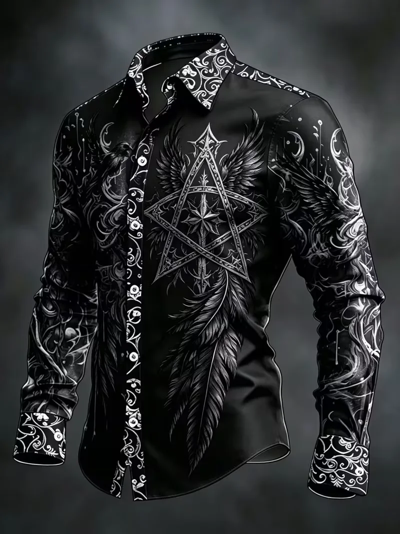 New men's classic wine red navy blue white checkered printed long sleeved shirt with a hanging collar and slim fit top