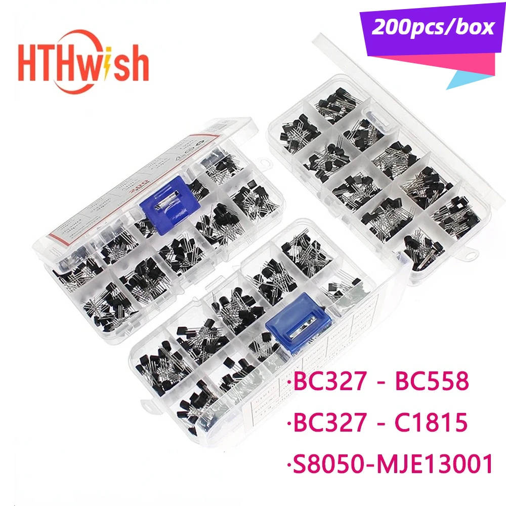 200pcs/box  TO-92 Series Transistor Kit 10 values 2N2222 2N3904 2N3906 BC337 BC547 BC557 S8050 S8550 PNP NPN Transistors Triode