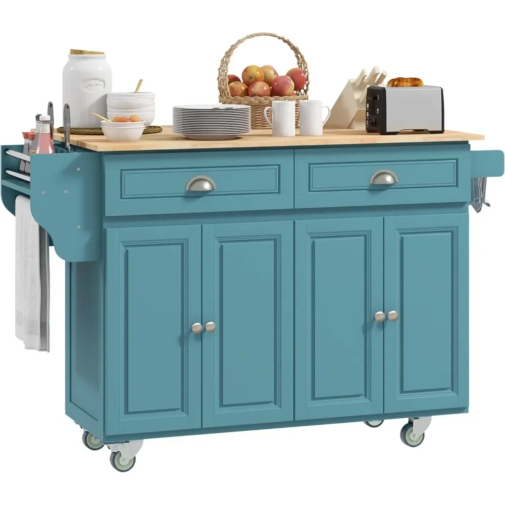 

Rolling Kitchen Island Drop Leaf, Solid Wood Top Breakfast Nook with Storage Drawers, 4-Door Cabinets and Spice Rack,Light Blue