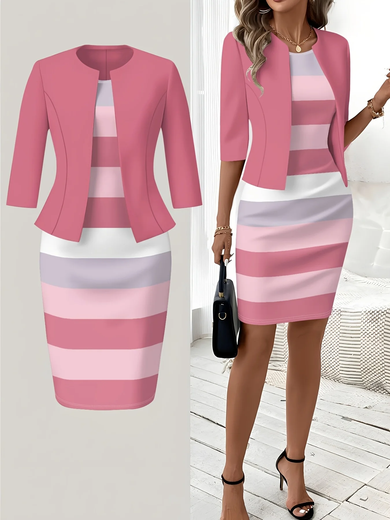 Vestido sin mangas con cuello redondo, diseño estampado, estilo casual, con patrón de rayas horizontales en rosa y blanco.