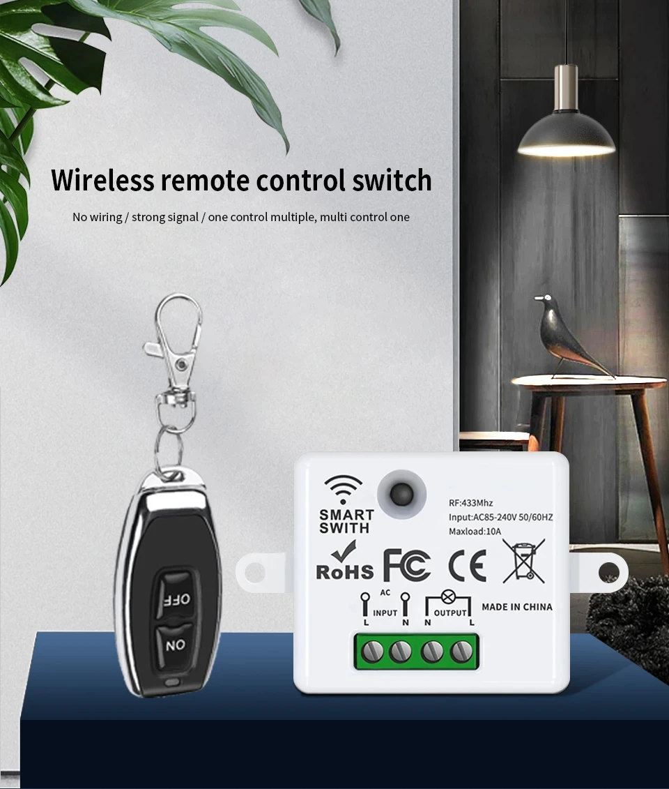 KEBIDUMEI RF 433MHz Drahtloser Fernbedienungs-Lichtschalter AC 220V 110V 10A Controller EIN/AUS-Sender Relais-Empfänger für LED – Detail 1