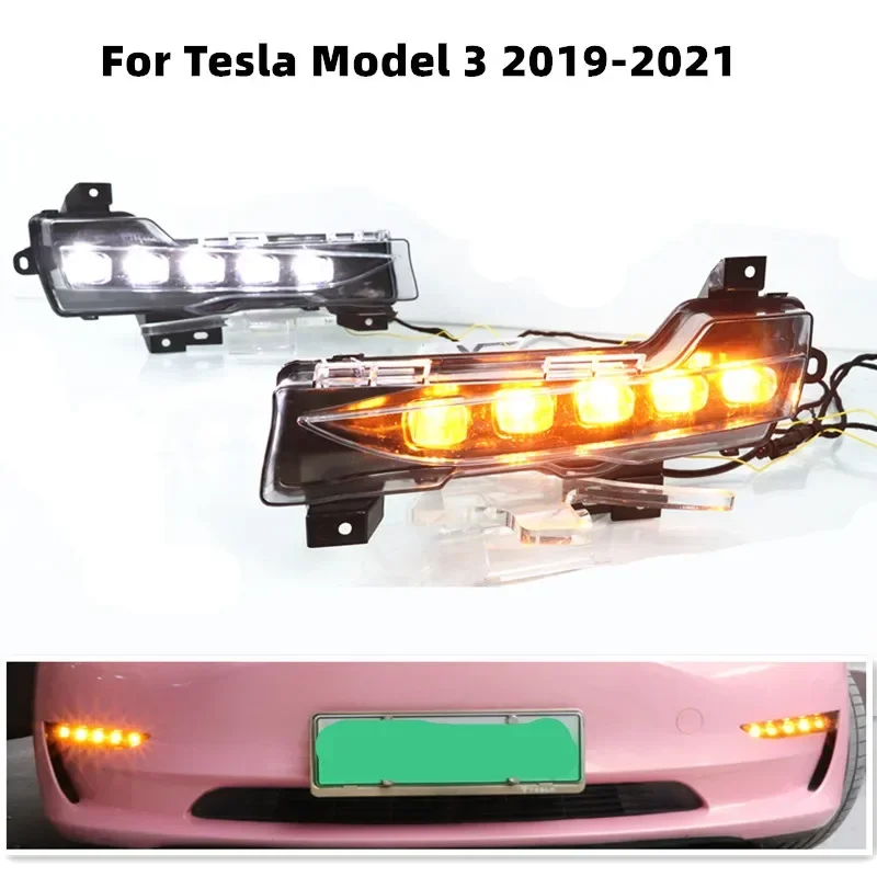 For Tesla Model 3 2018 2019 2020 21 Accessories DRL12V Car Lights LED Daytime Running Light Front Fog Light Flowing Turn Signal