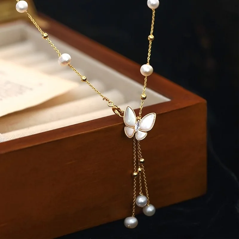 Süßer Schmetterling Design natürliche Süßwasser perle 14 Karat Gold gefüllt weibliche Halskette Schmuck für Frauen kurze Ketten nicht verblassen billig – Detail 5