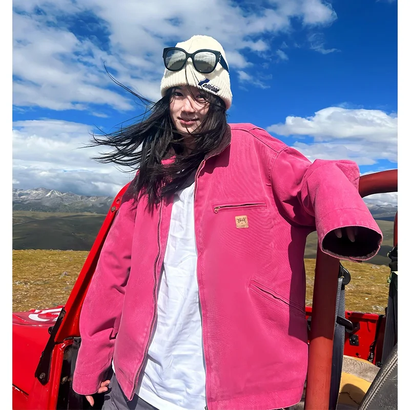 

Pink Vintage Workwear Jaet for Men Spring Autumn Sle American Retro Harrington Jaet Couple Outerwear Loose Fit Long Sve