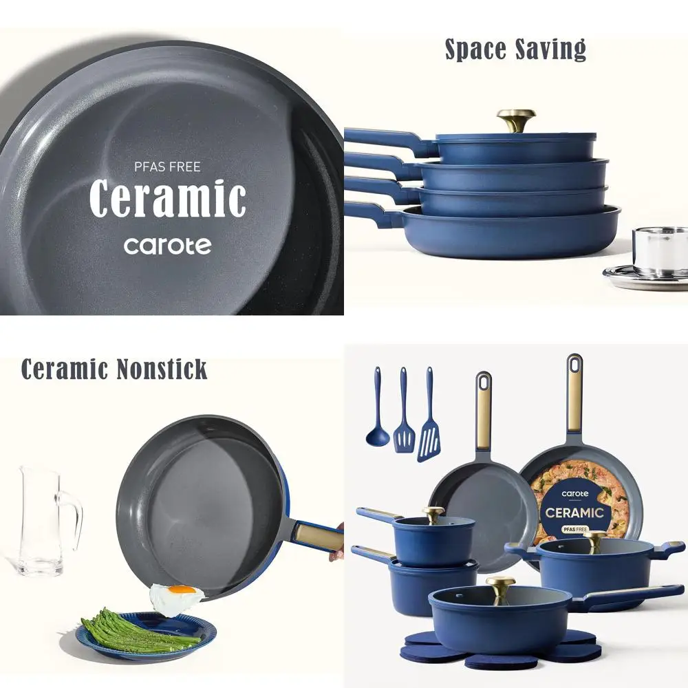 

Blue 18-Piece Non-Stick Cookware Set: Kitchen Pots & Pans, Non-Toxic, PFAS and PTFE Free