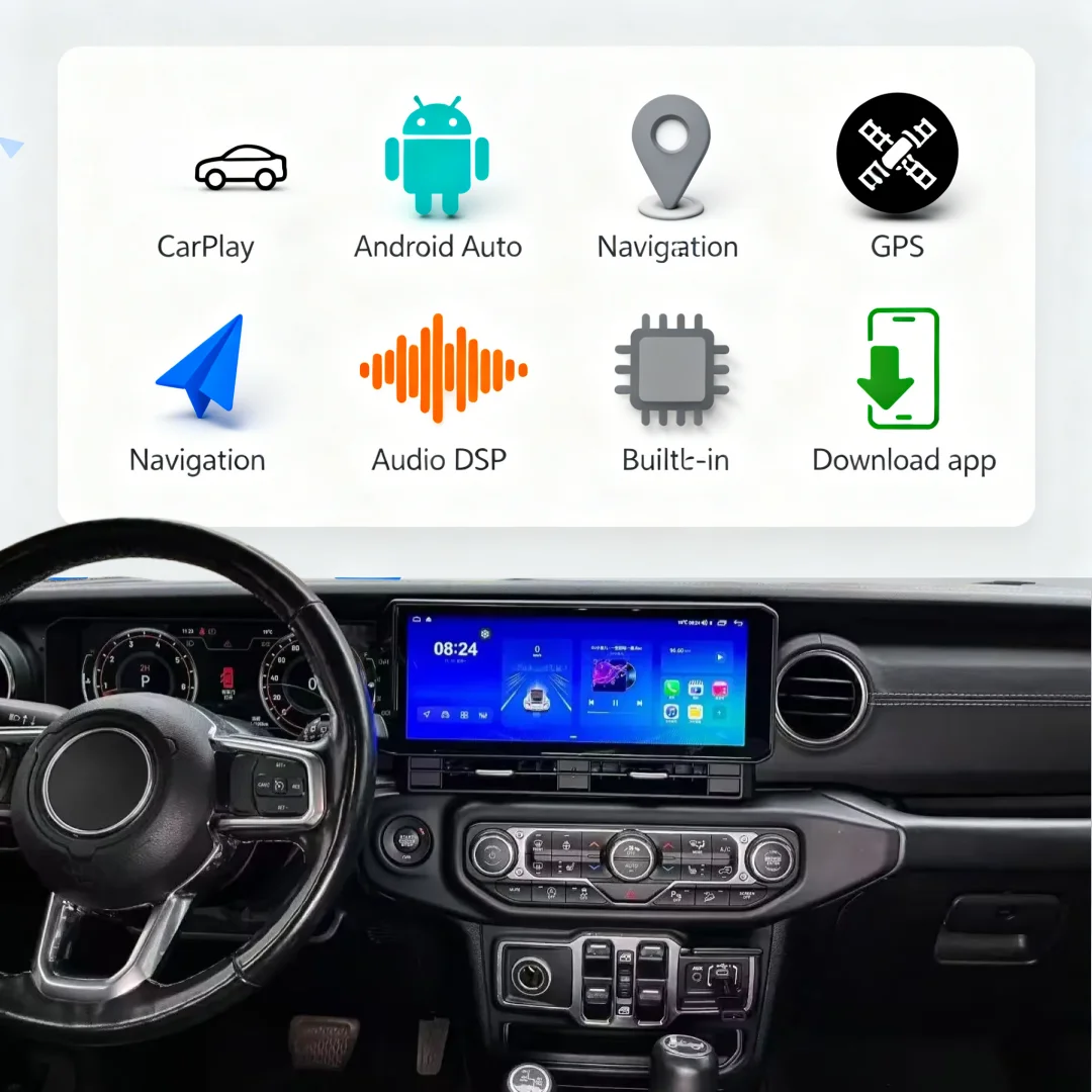 

Автомобильный радиоприемник с двойным экраном для Jeep Wrangler JL 2018-2023, мультимедийный плеер Carplay Android, GPS-навигация, приборная панель, цифровой кластер