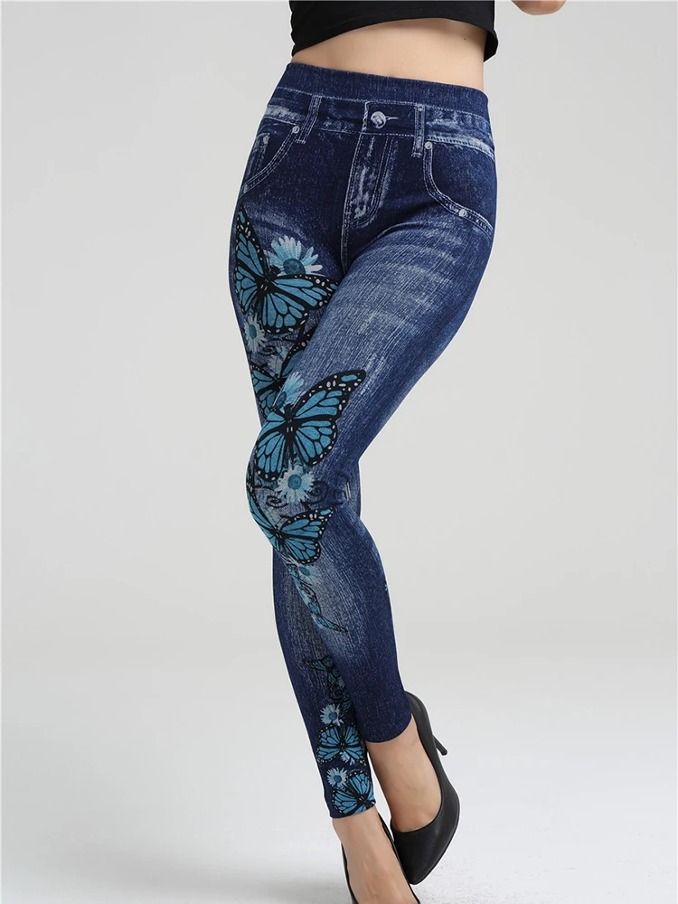 Viianles 2022 Nieuwe Disign Hot Koop Butterfly Pritned Potlood Broek Faux Denim Leggings Vrouwelijke Sexy Gym Leggins Hoge Taille Elastische