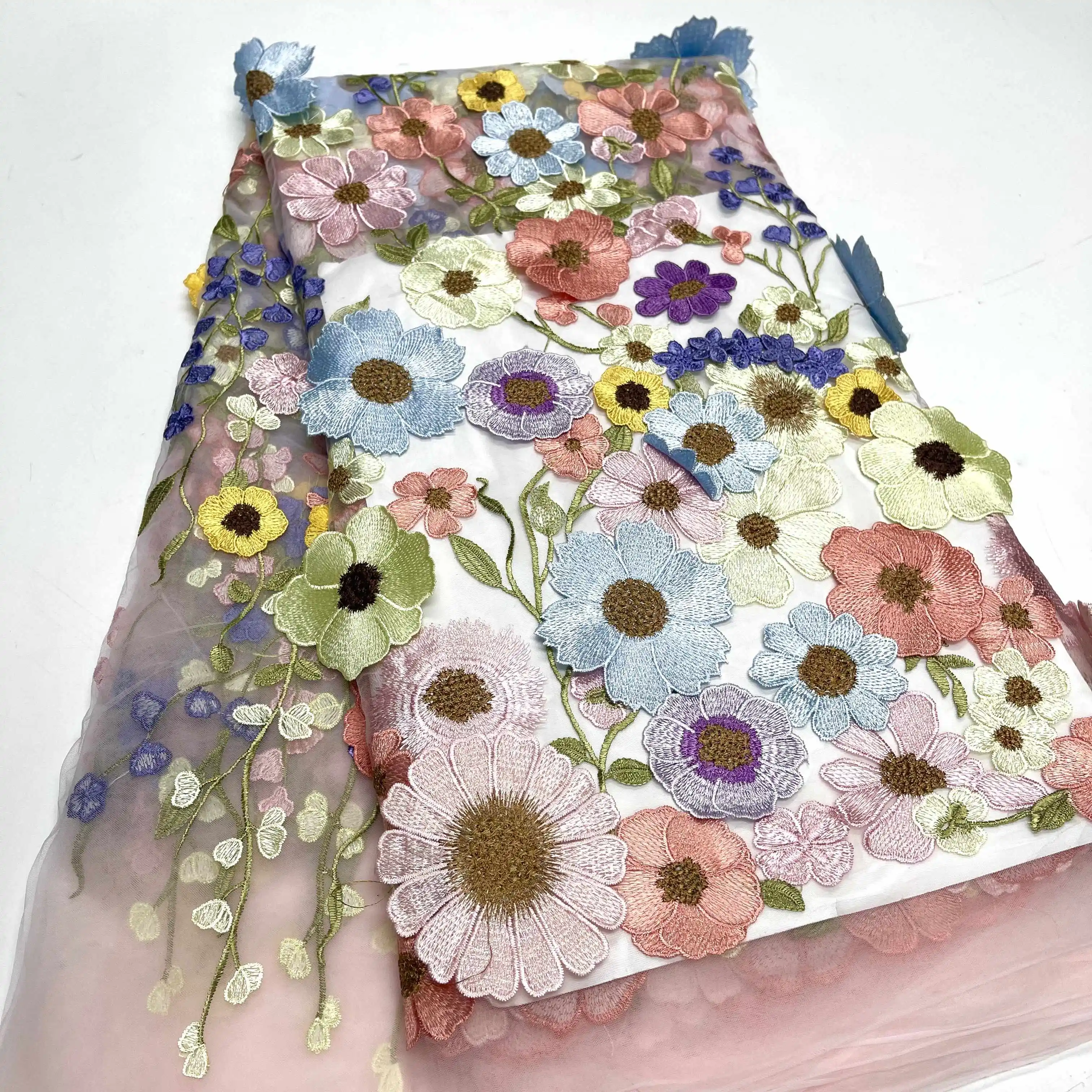 

Nigerian Heavy flower Lace Fabric Wedding Bridal 5 Yards French 3D flower Net High Quality African Tulle Luxury Crystal