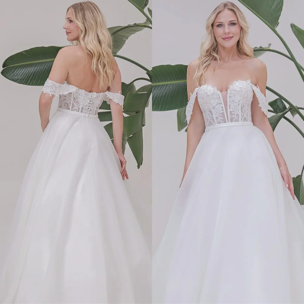 

Customized Modern White Organza Wedding Dresses for Woman Charming Off the Shoulder Bridal Gowns Forest Fairy Wedding Dress