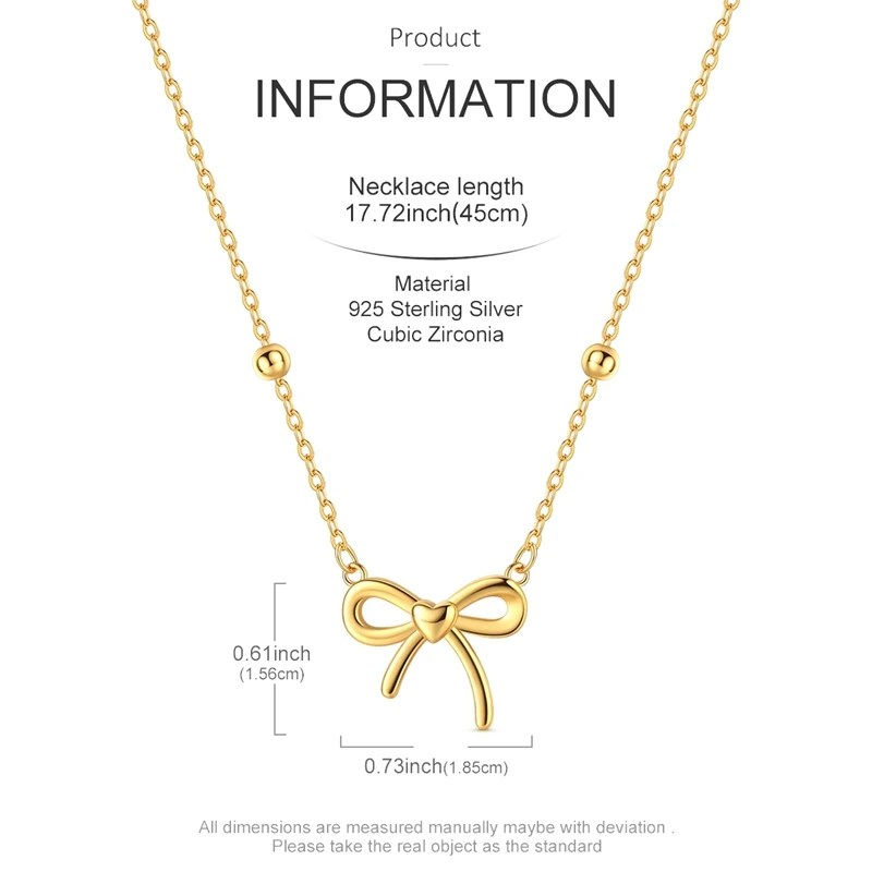 925 Sterling Silver Gold Plated Love & Romance Bow Heart Pendant Sweetness Necklace for Women Fashion Elegant Jewelry Gift