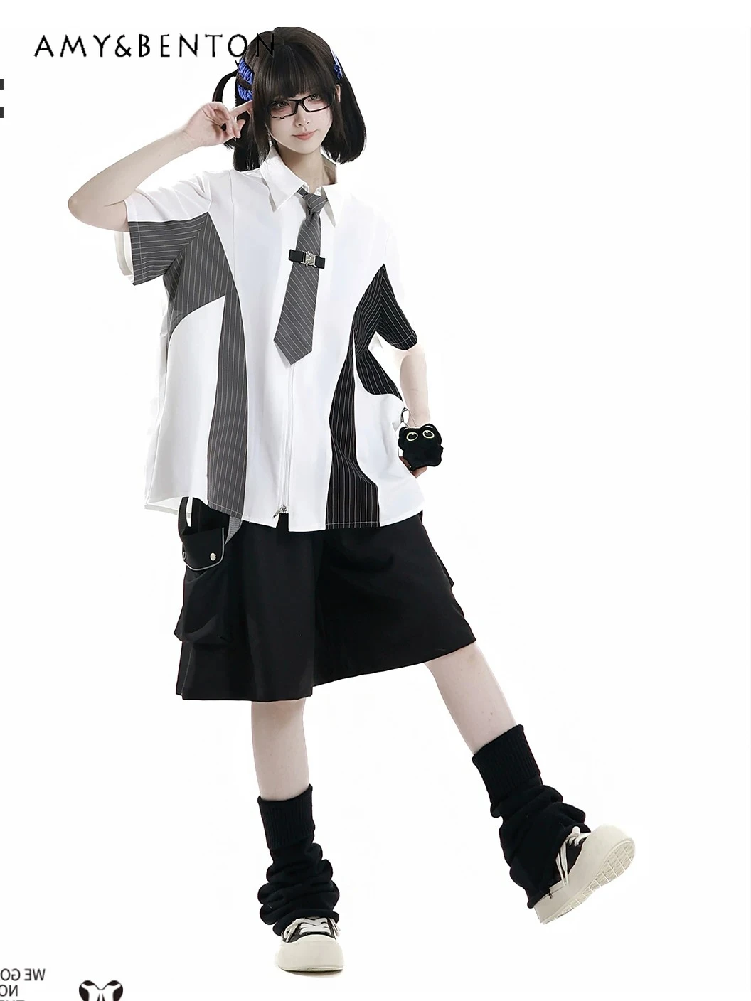 

Harajuku Style Sweet Cool Girl Casual Striped Splicing Color Shirt Sets Subculture Three-dimensional Pocket Skirt Two-piece Set
