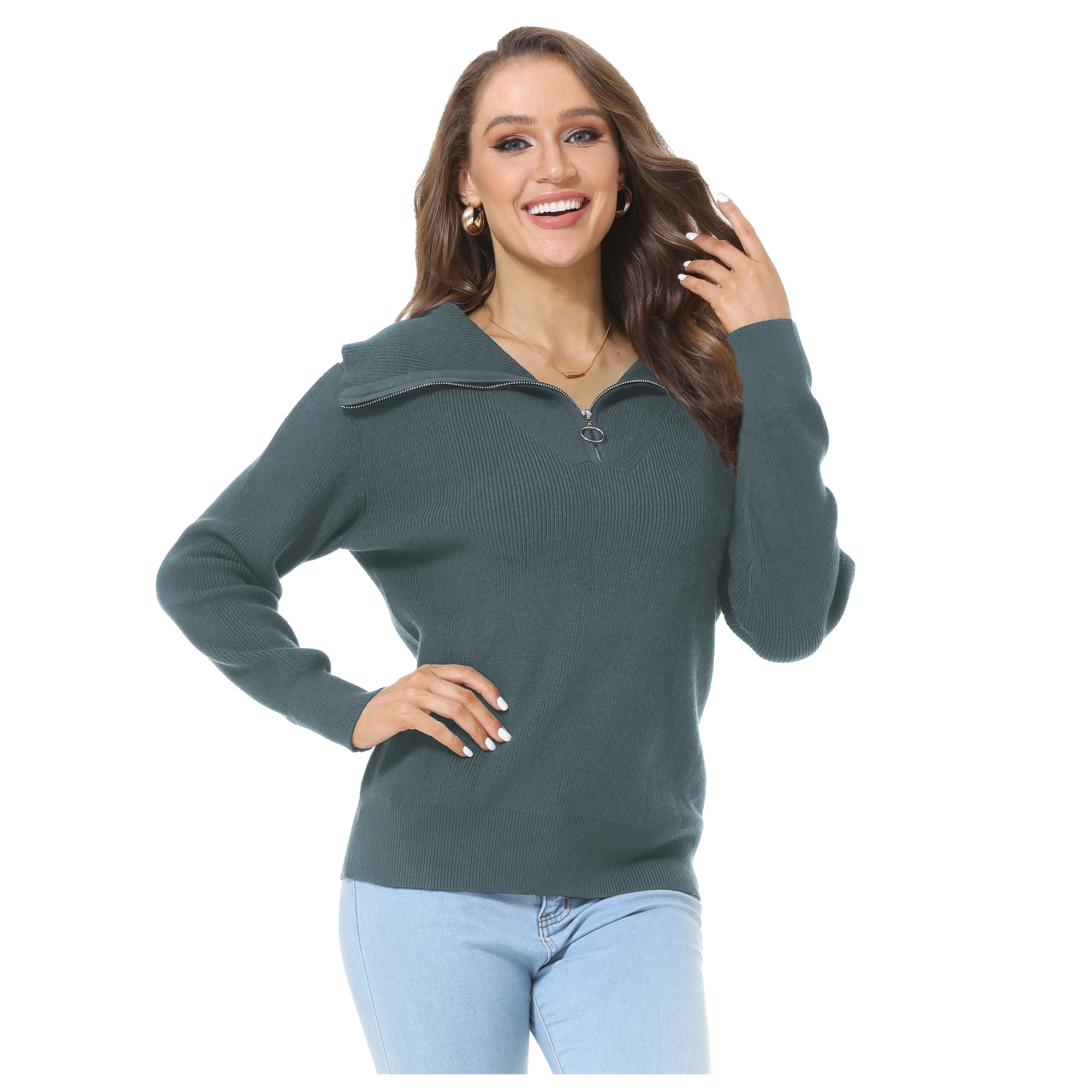 Winter Dames Half Zip Truien Gezellige Warme Vintage Blouse Casual Ritsen V-Hals Kraag Gebreide Slouchy Pullover Tops