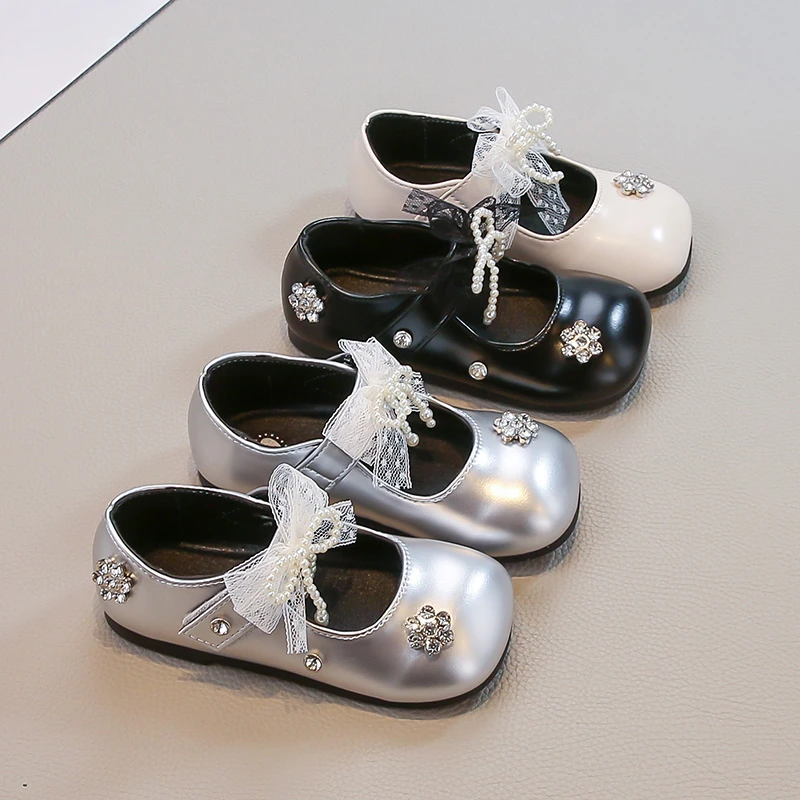 

Kids Leather Shoes with Sweet Lace Bows Girls Princess Dance Shoes Korean Style 2025 Autumn New Children Flat Shoes Soft Bottom