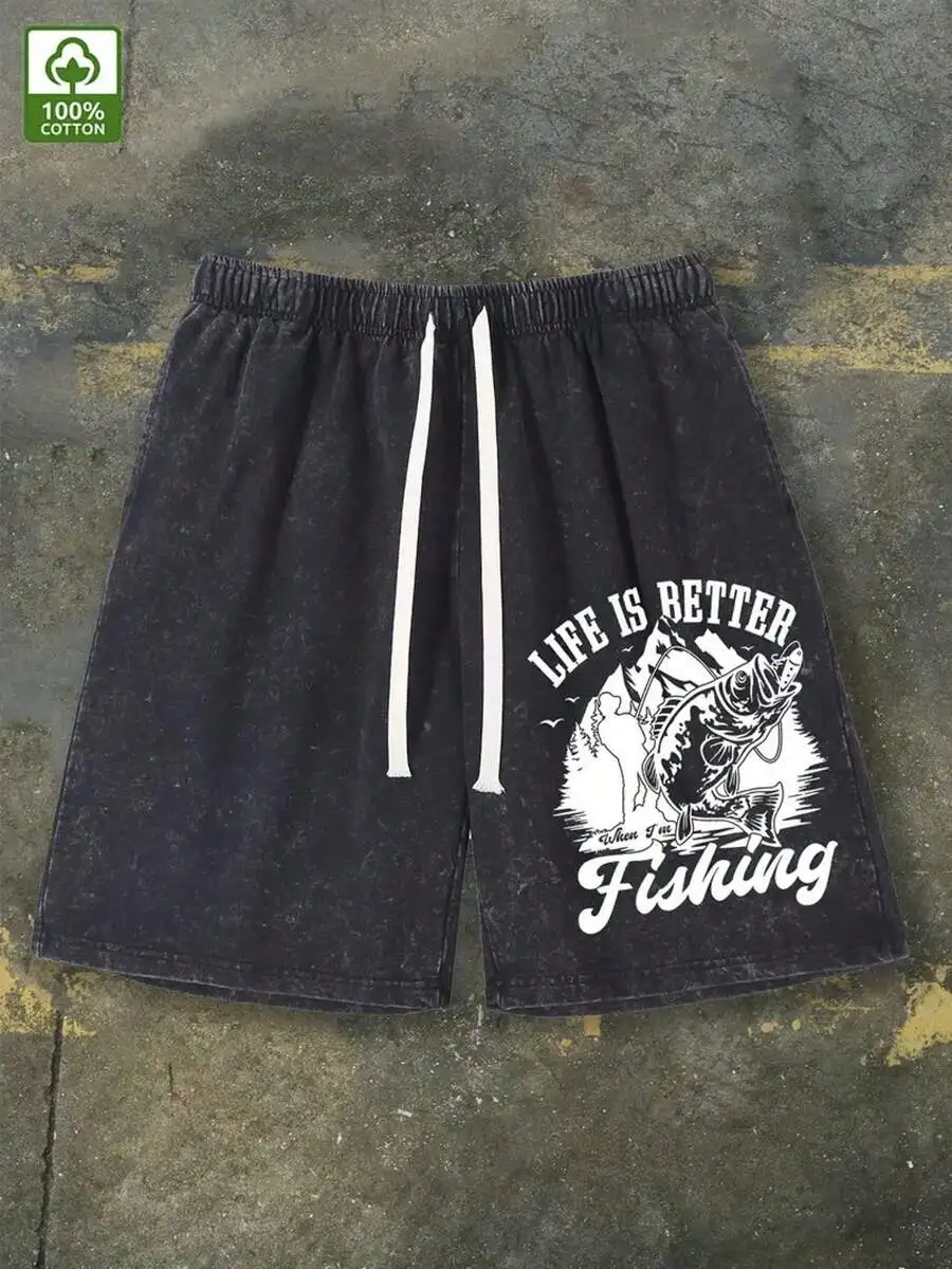

Washed Cotton Shorts With Fishing Print Men Casual Summer Shorts Adjustable Drawstring Waist