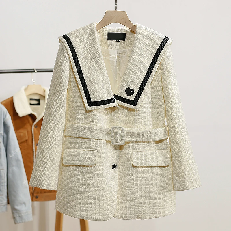 

Elegant Lady Navy Collar Mid-Length Jacket Winter New Women's Fashion Polyester Fiber 92.5% Nylon 7.5% Button Closure Long Sl...